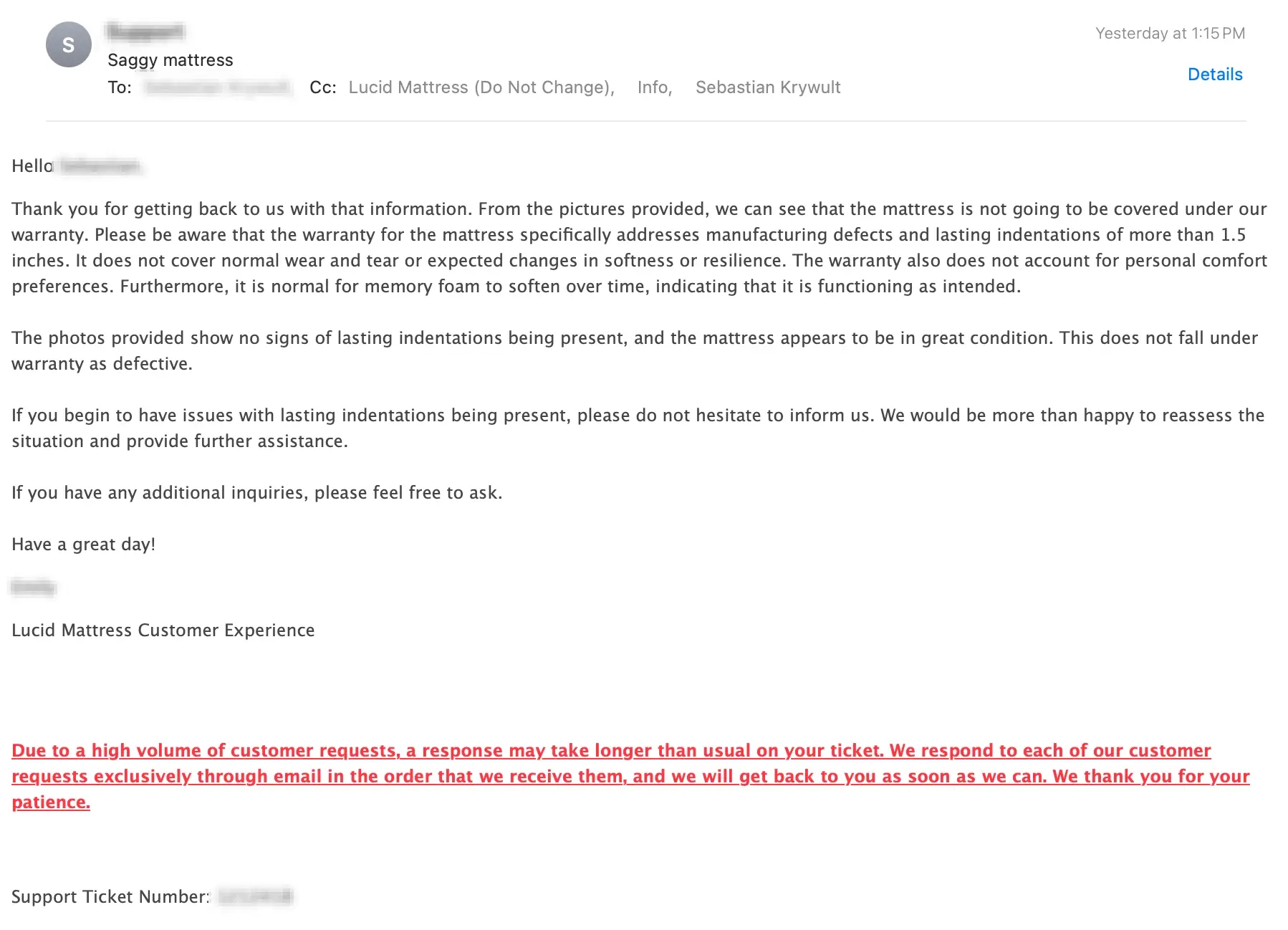 Screenshot of Lucid mattress warranty denial email response